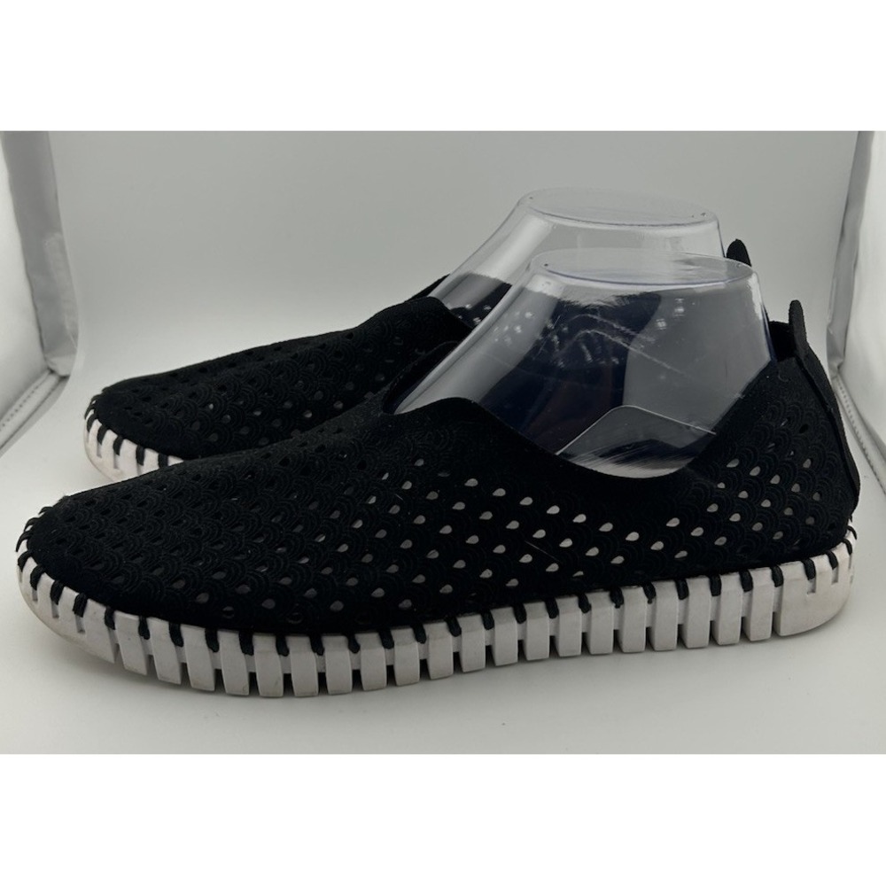 Ilse Jacobsen Black Perforated Slip-On Flats with White Trim - Picture 4 of 7